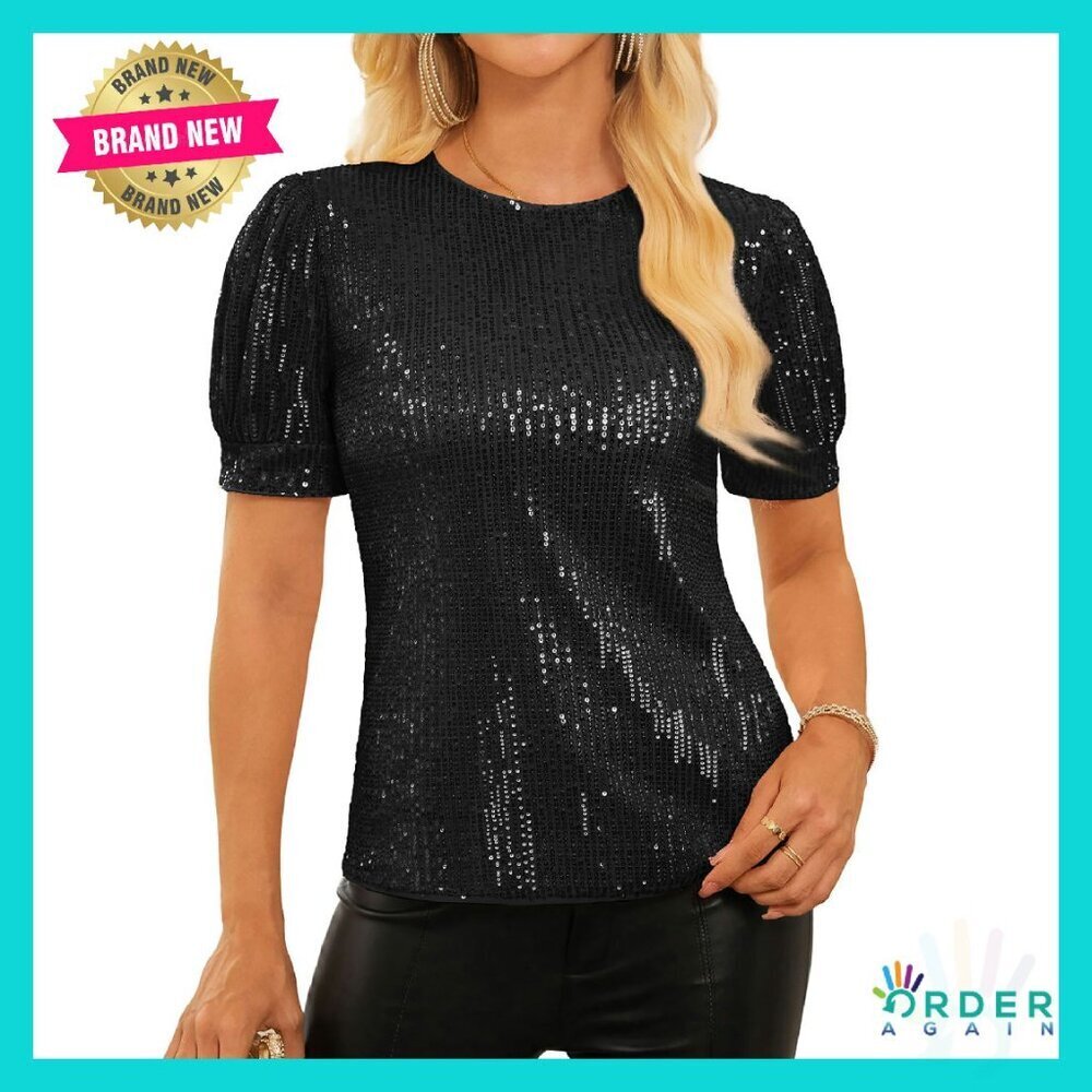 Sequin Sparkle Blouse Lantern Sleeves Party Concert Outfit Elegant Chic